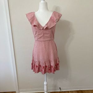 BCBGeneration red and white striped seersucker embroidered mini dress